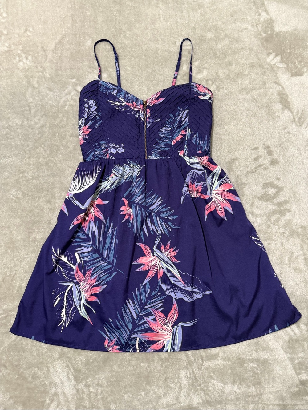 Roxy Tropical Floral Palm Print Spaghetti Strap Mini Dress in Blue & Pink Size L